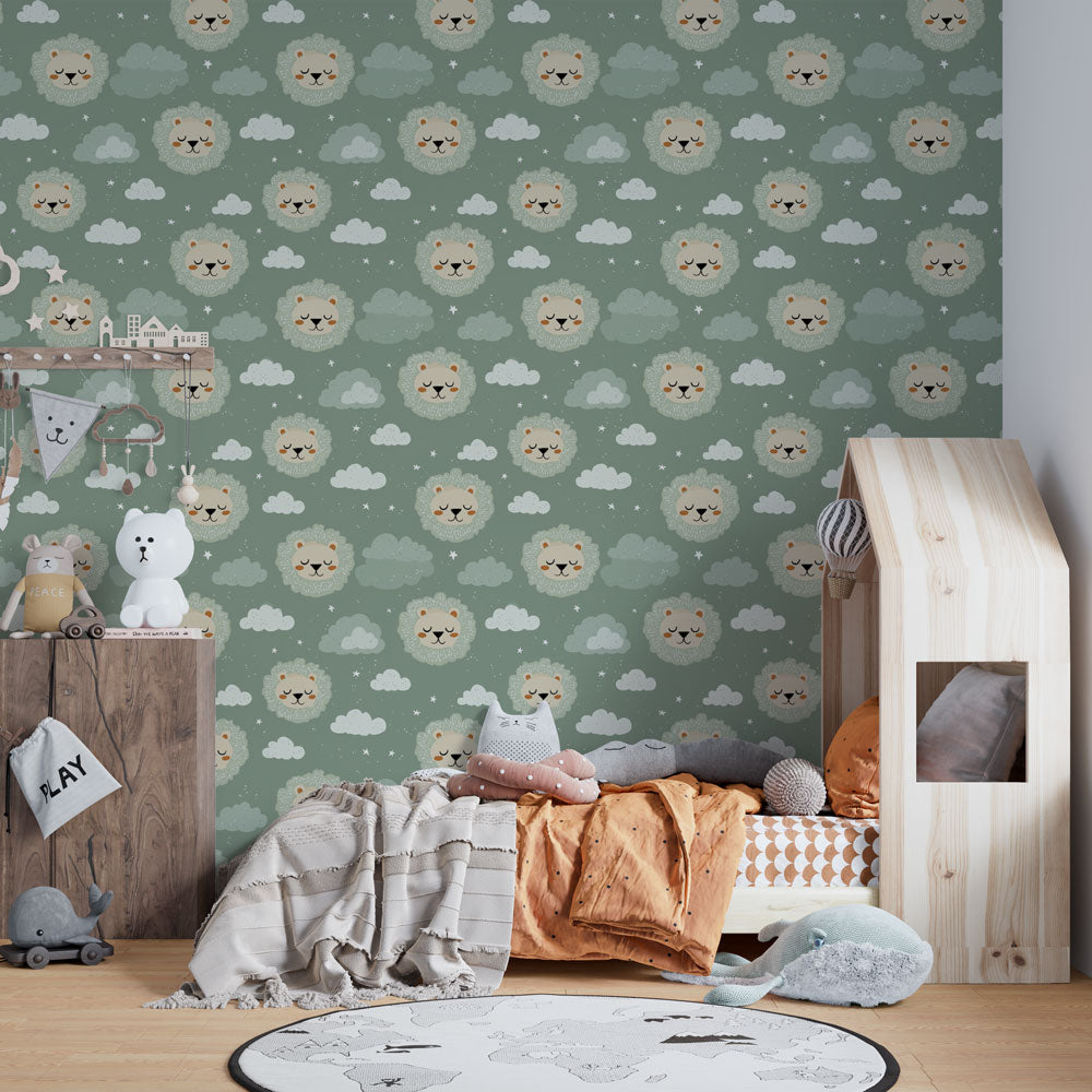Lion Wallpaper | Smiling Lions and Soft Clouds on Green