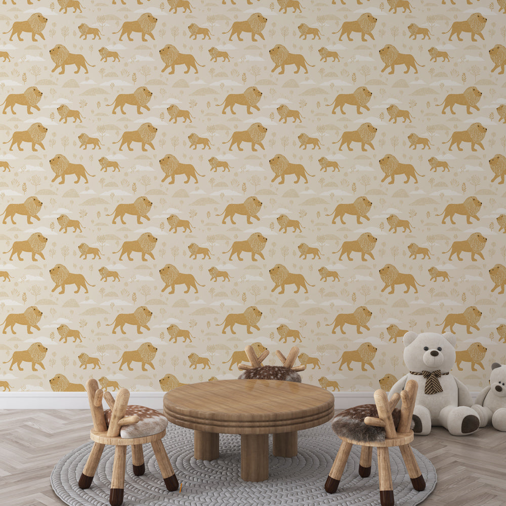Golden Lion Wallpaper | Playful Beige Savanna Wall Mural