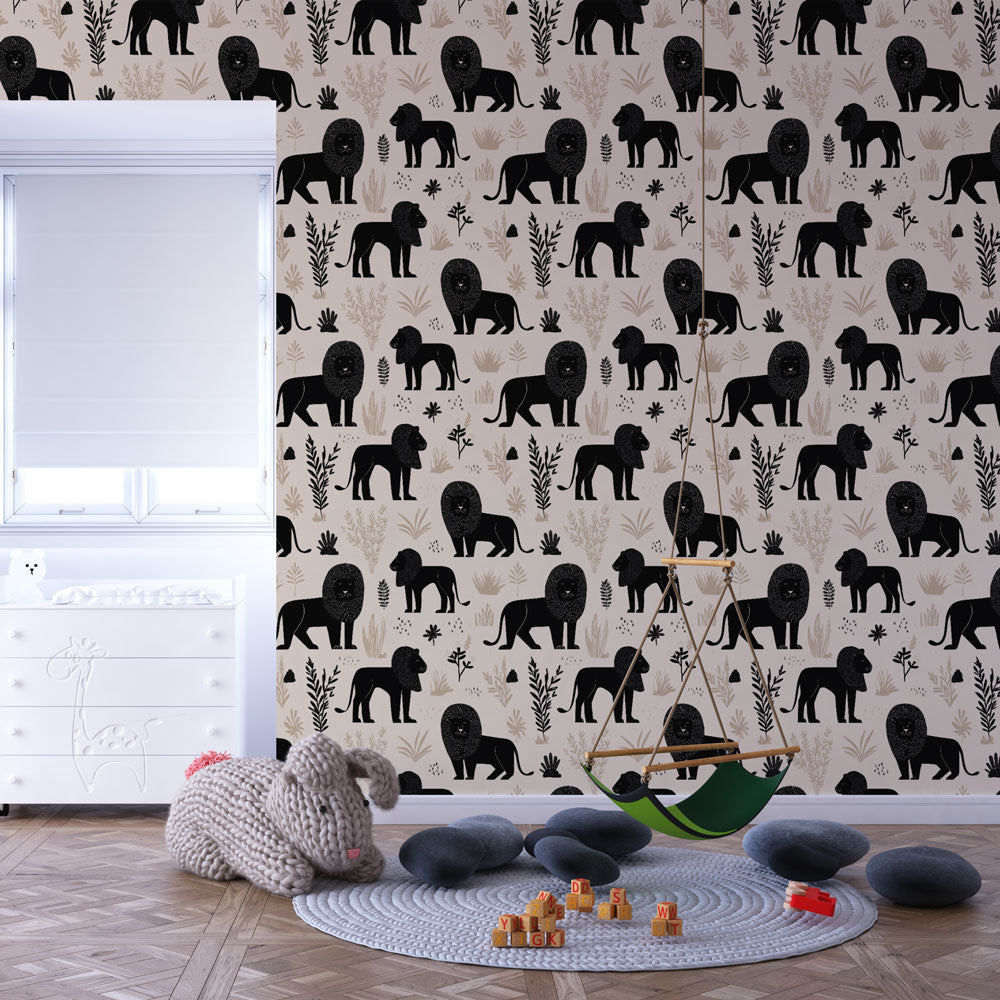 Lion Wall Mural | Playful Lions with Leaves and Flowers