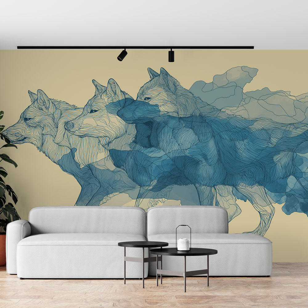 Stylized Wolf Wallpaper | Interlaced Wolves in Shades of Blue