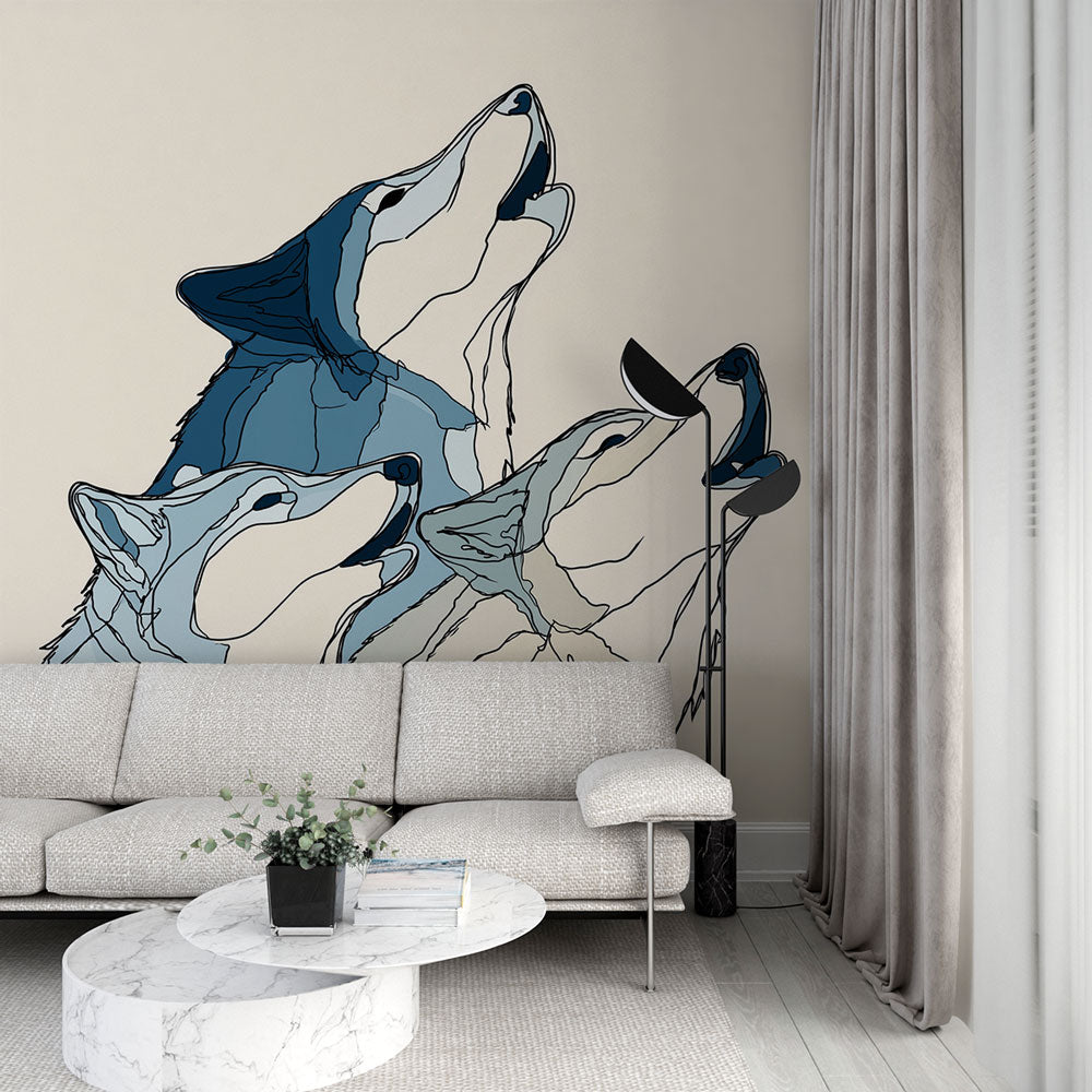 Wolves Wallpaper | Three Howling Wolves Blue Wall Mural