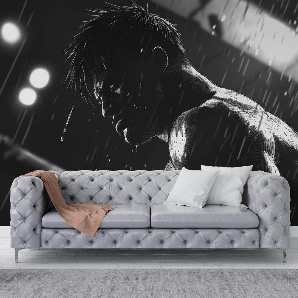 Manga Hero in Rain Wallpaper | B&W Wall Mural