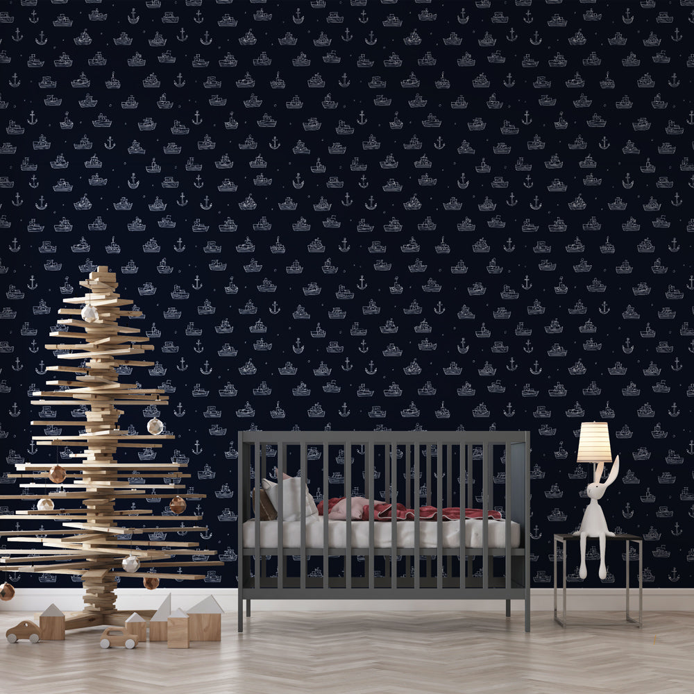 Maritime Wallpaper | Boats and Anchors on Navy Wall Mural