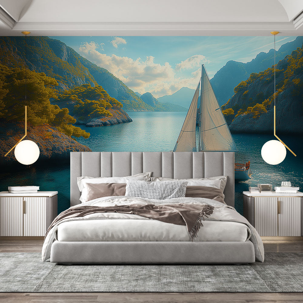 Maritime Wallpaper | Sailboat Cruising a Peaceful Cove