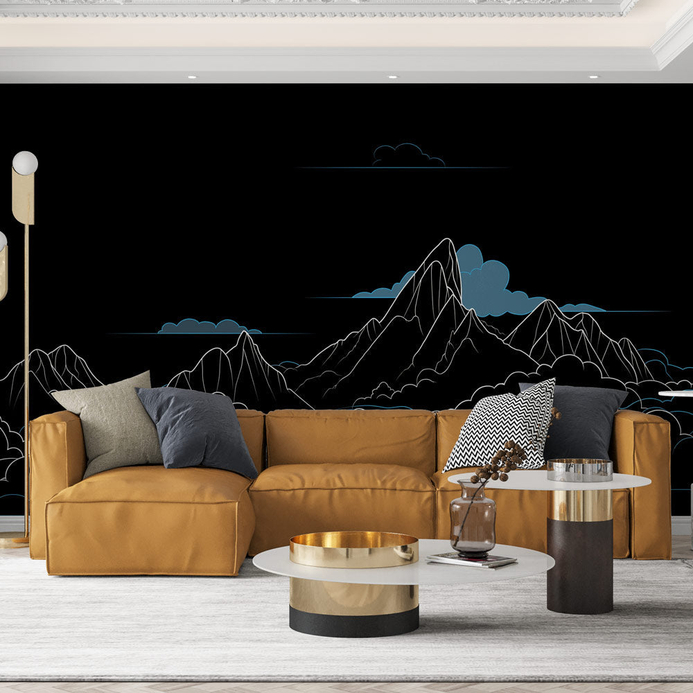 Mountain Wallpaper | White Peaks and Sky-Blue Clouds on Black