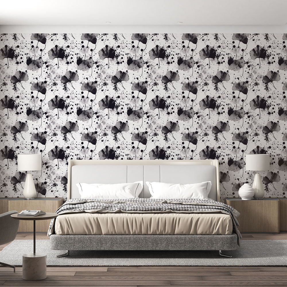 Watercolour Ginkgo Wallpaper | Black & White Florals Wall Mural