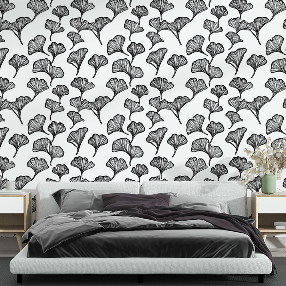 Ginkgo Wallpaper | Refined Black Leaves Wall Mural on White