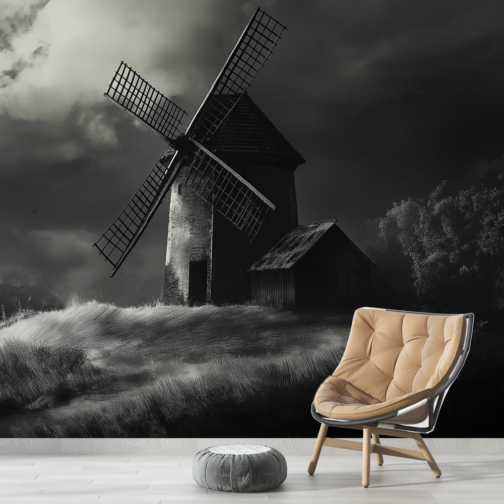 Mill Wallpaper Black White Countryside Mural