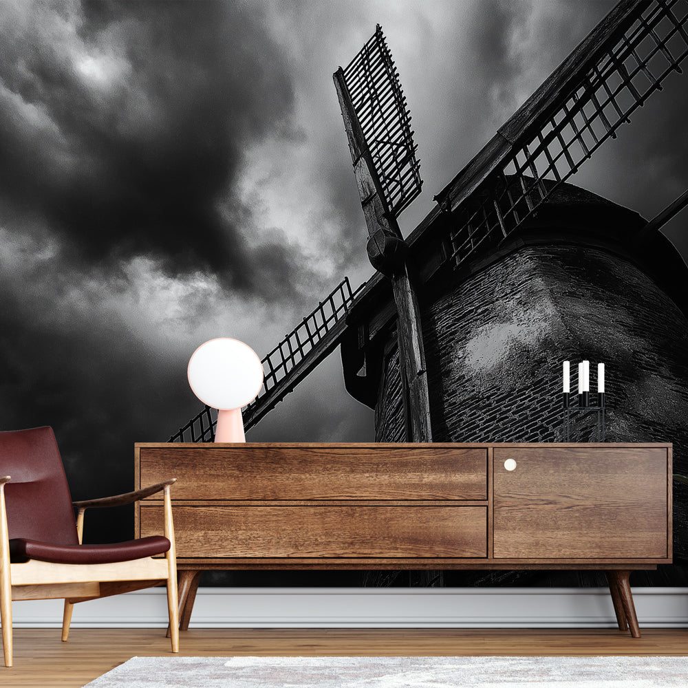 Black White Windmill Wallpaper Stormy Mural