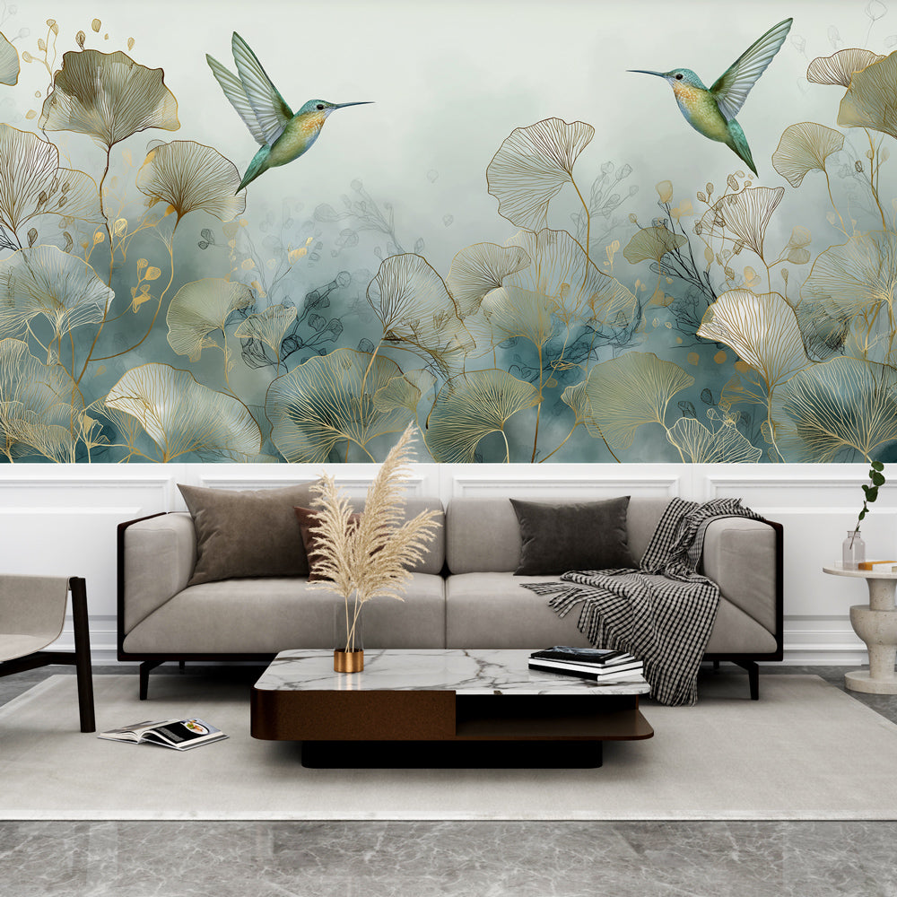 Hummingbird Wallpaper | Green and Gold Nature Wall Mural