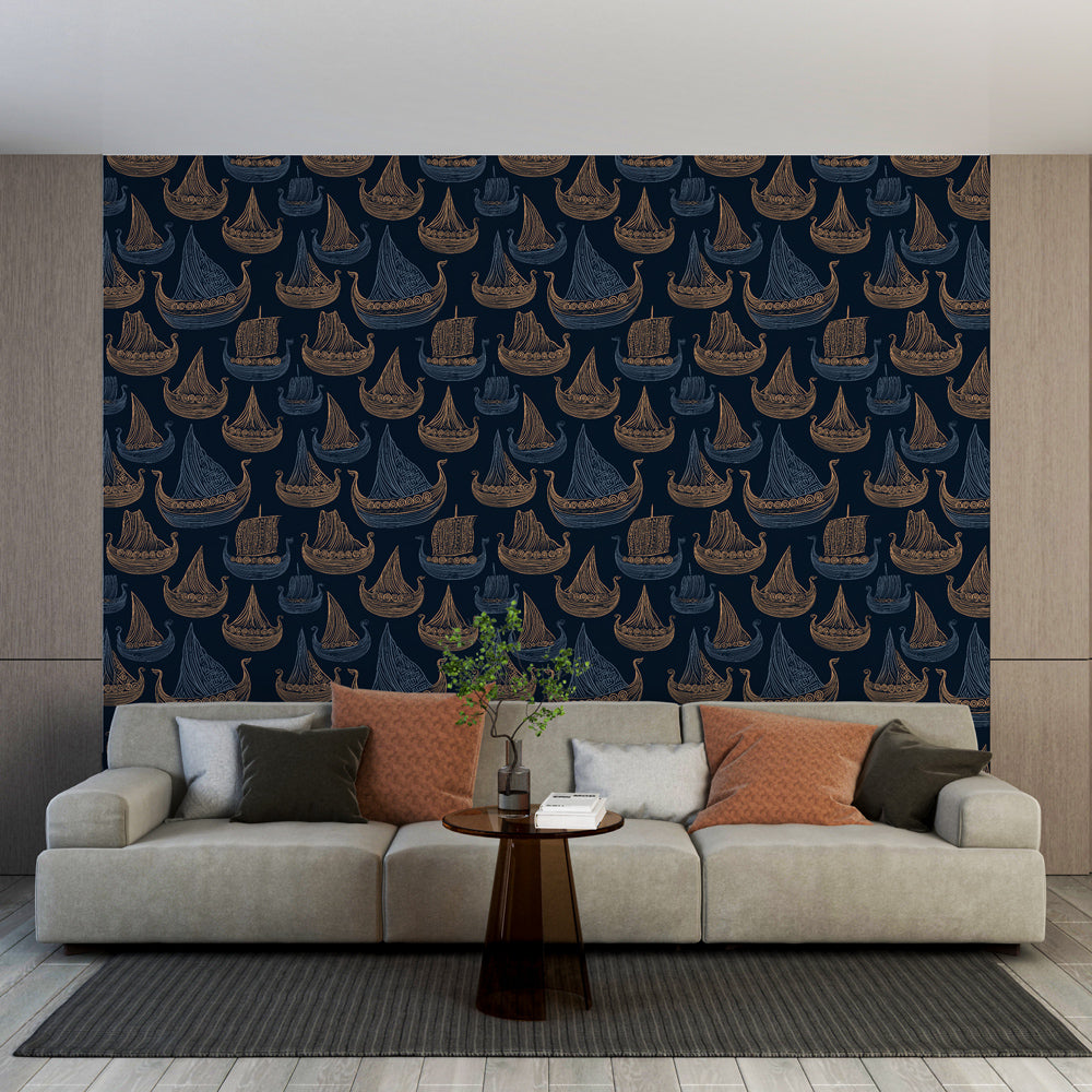 Ship Wallpaper | Golden Sailing Vessels on Navy Blue