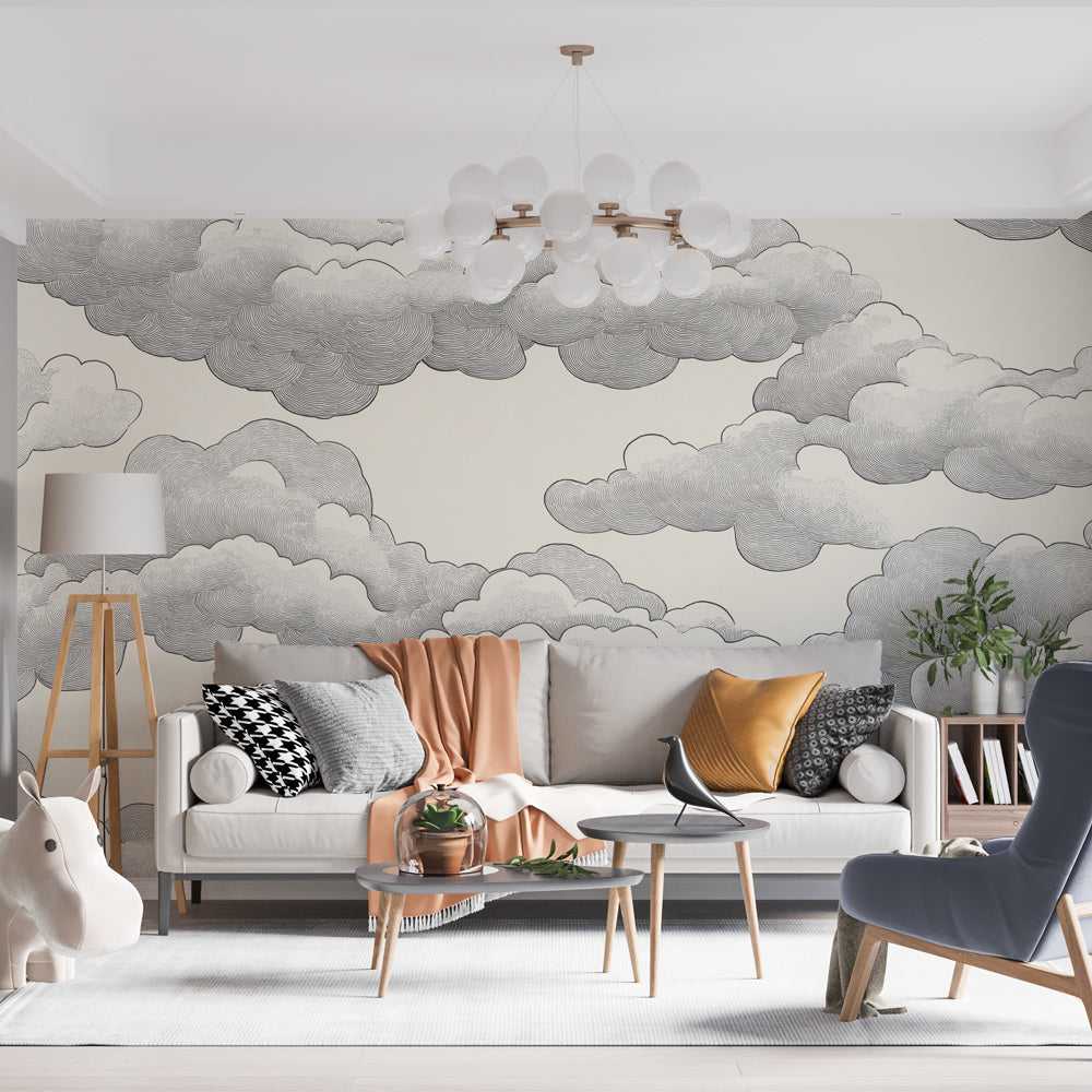 Delicate Cloud Wallpaper - Soft Black and White Sky Mural