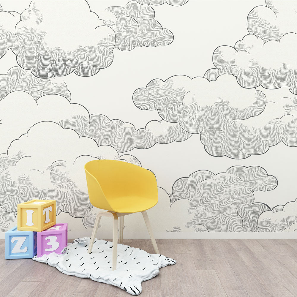 Graphic Cloud Wallpaper - Modern Black and White Sky Mural