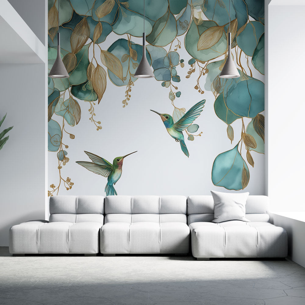 Hummingbird Wallpaper | Turquoise Leaves and Gilded Birds