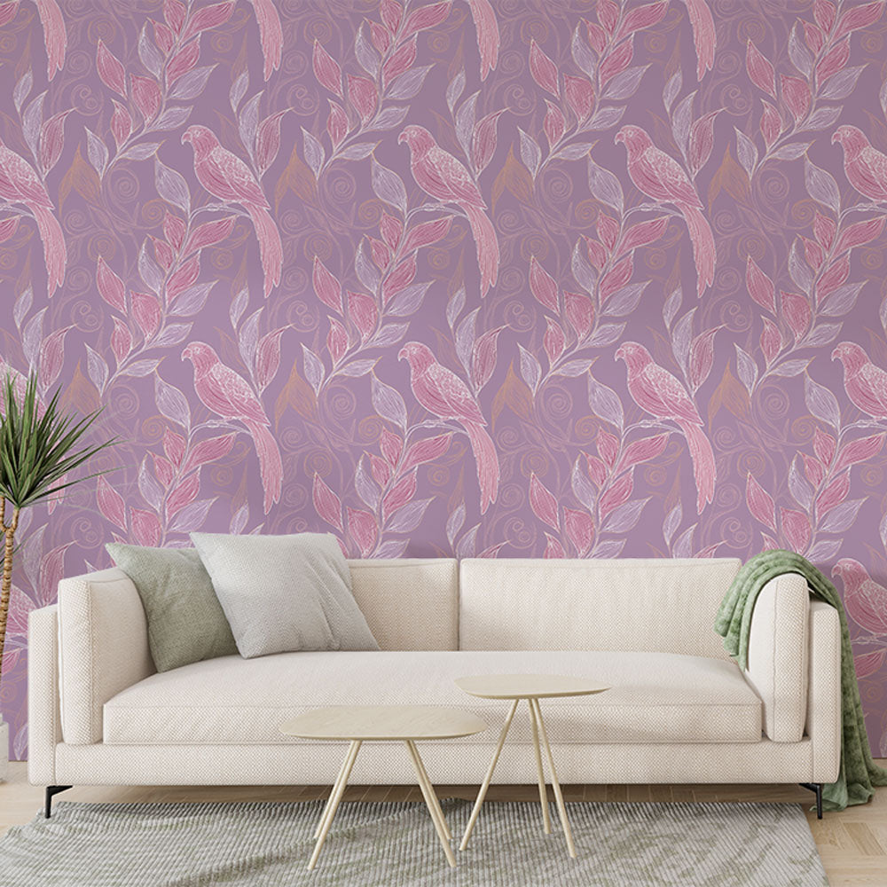 Parrot Wallpaper | Pink Birds on a Soft Lavender Ground