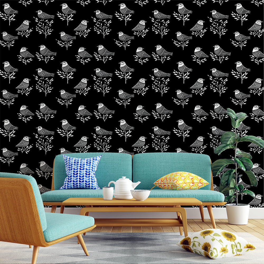 Bird and Foliage Wallpaper | Monochrome Graphic Wall Mural