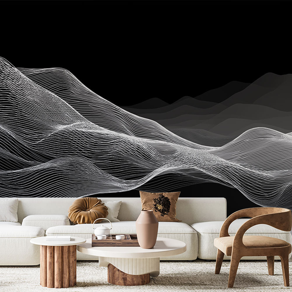 Abstract Wave Wallpaper | White Lines on Black Wall Mural