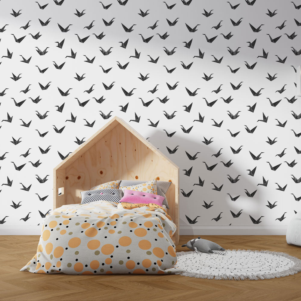 Origami Cranes Wallpaper | Black & White Pattern Wall Mural
