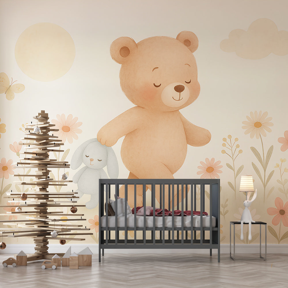 Bear and Rabbit Wallpaper | Bear with a Blue Bunny in Blooms