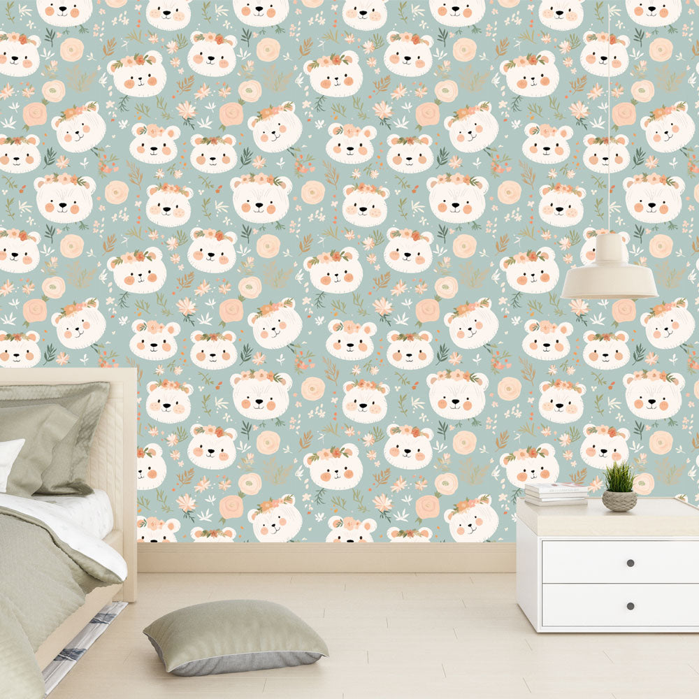 Cute Bear Wallpaper | Bear Heads and Flower Crowns Wall Mural