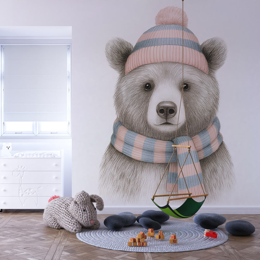 Cute Bear Wallpaper | Bear in a Striped Hat and Scarf