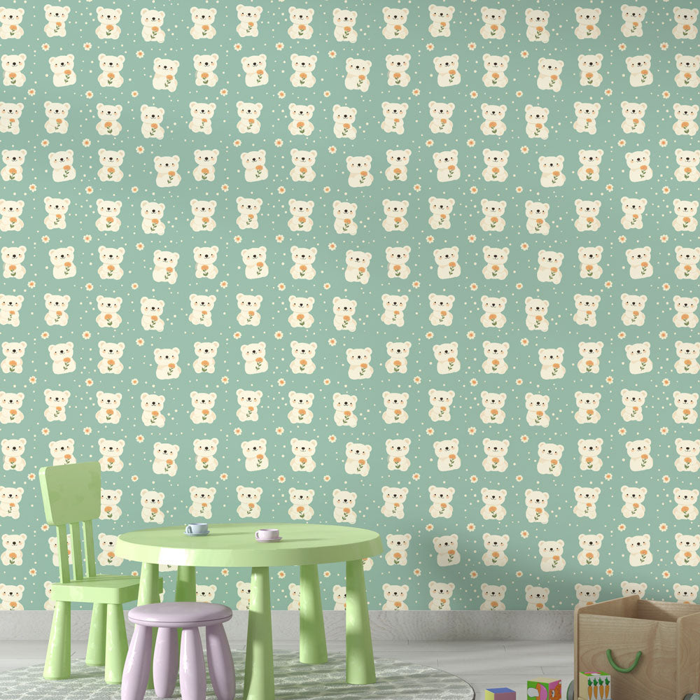 Cute Bear Wallpaper | Cuddly Bears on Soft Green Wall Mural