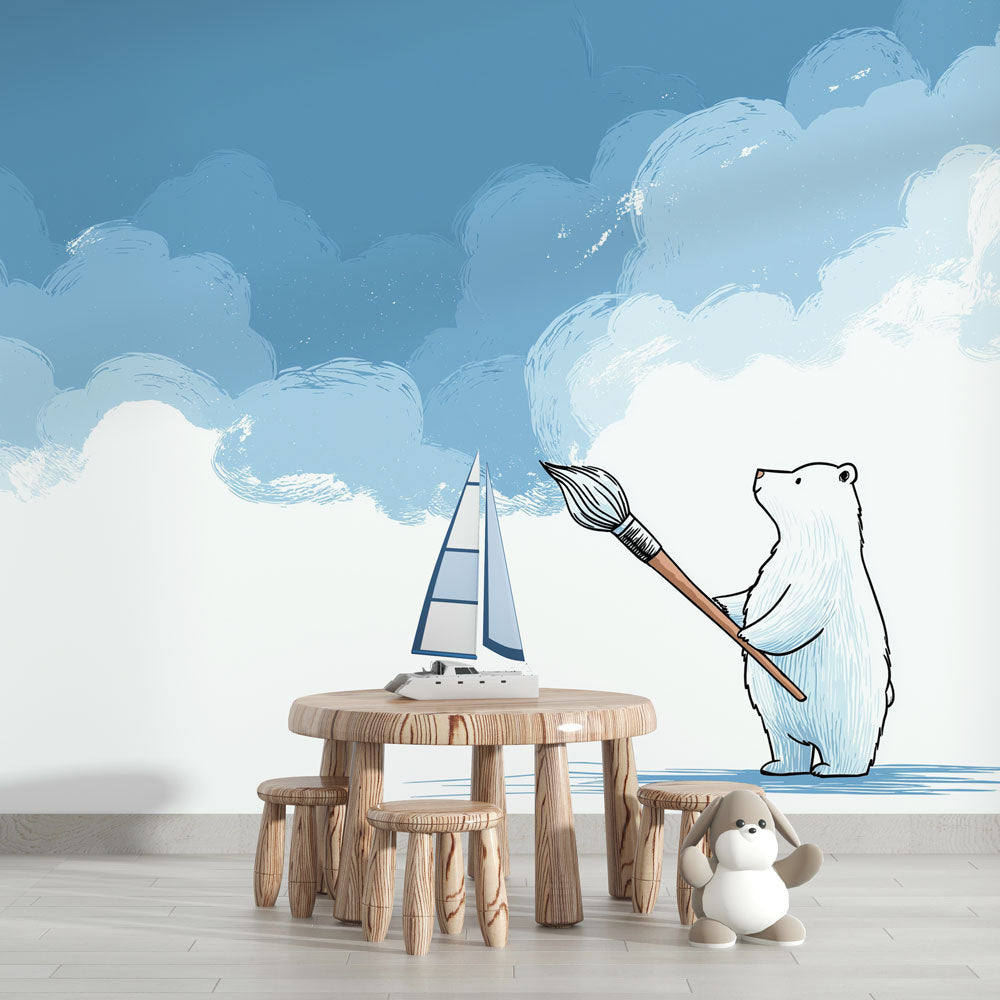 Painter Bear Wallpaper | White Bear Painting Blue Clouds