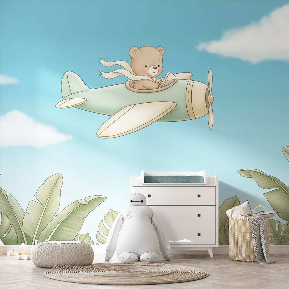 Bear Pilot Wallpaper | Airplane and Tropical Leaf Wall Mural