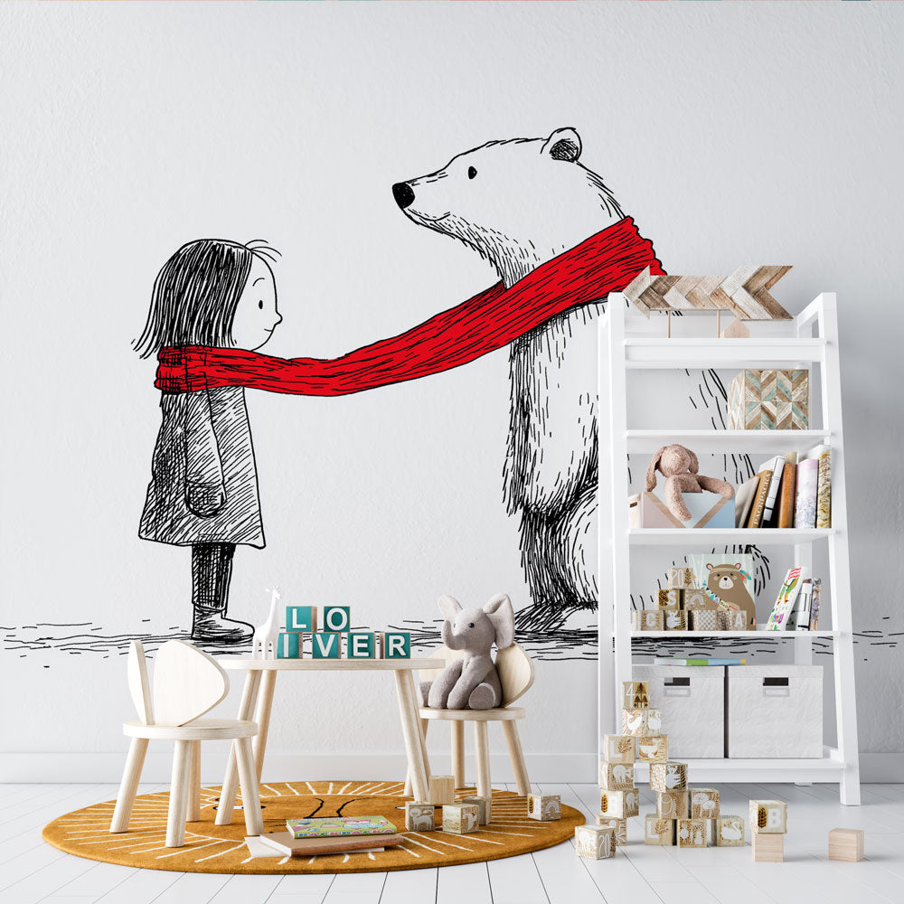 Polar Bear Wallpaper | Girl and Bear Sharing a Red Scarf