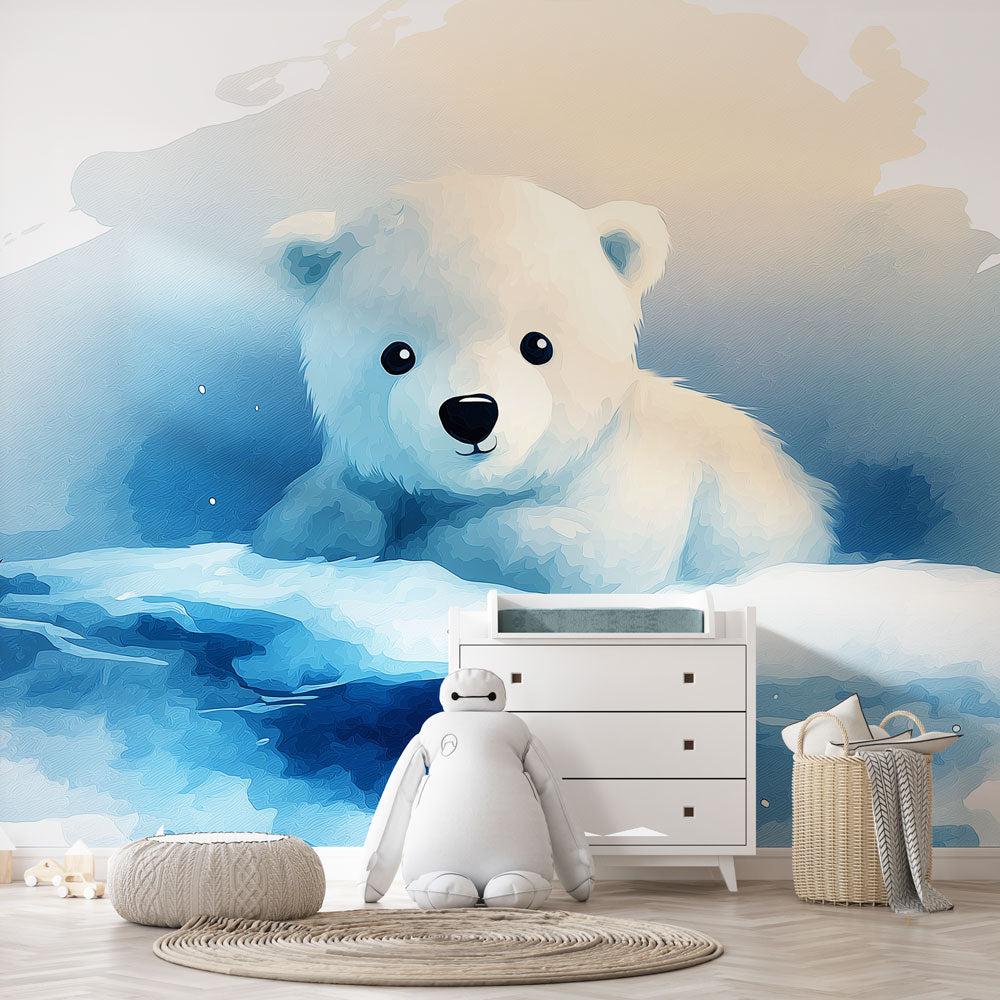 Polar Bear Cub Wallpaper | Tender Cub on an Icy Blue Sea