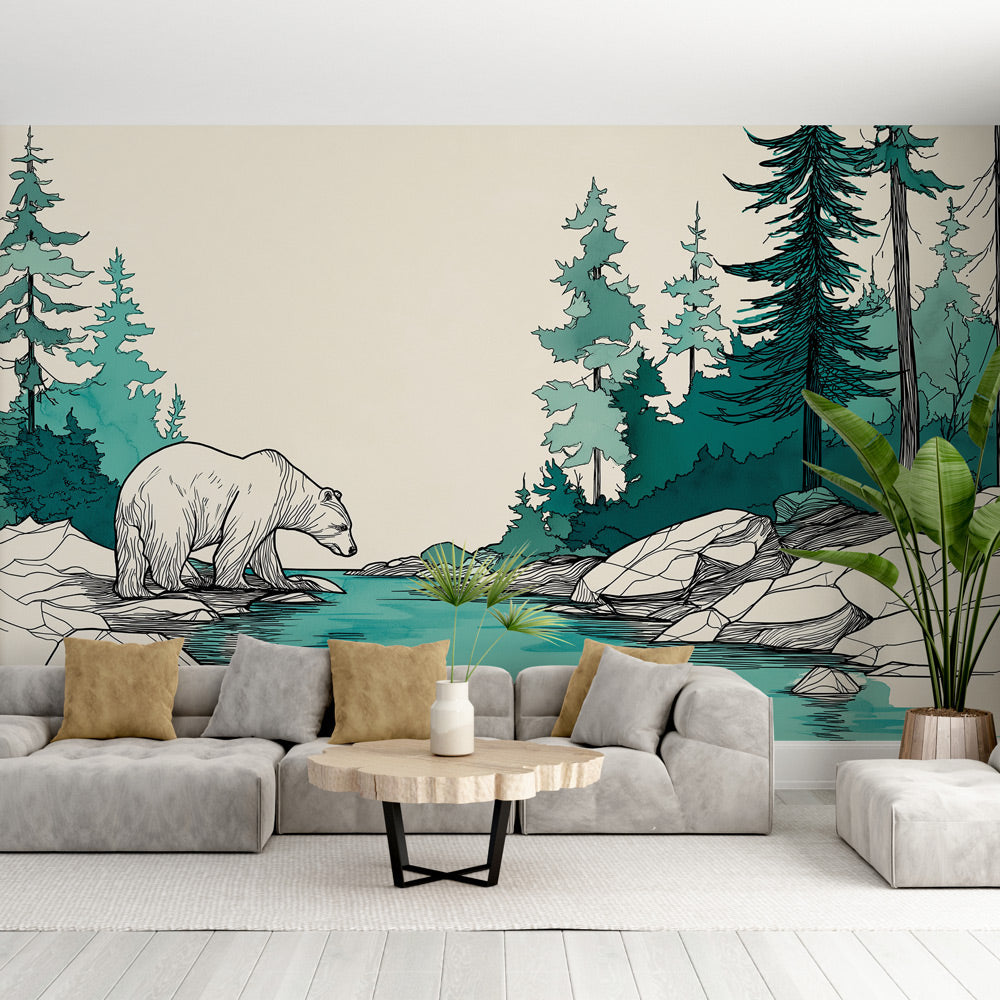 Bear Wallpaper | Woodland Scene with Conifers and Clear Water