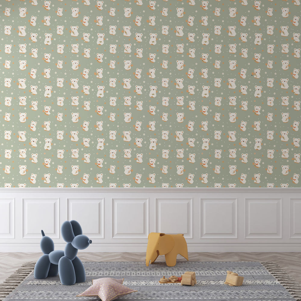 Teddy Bear Wallpaper | Bears and Flowers on Green Wall Mural