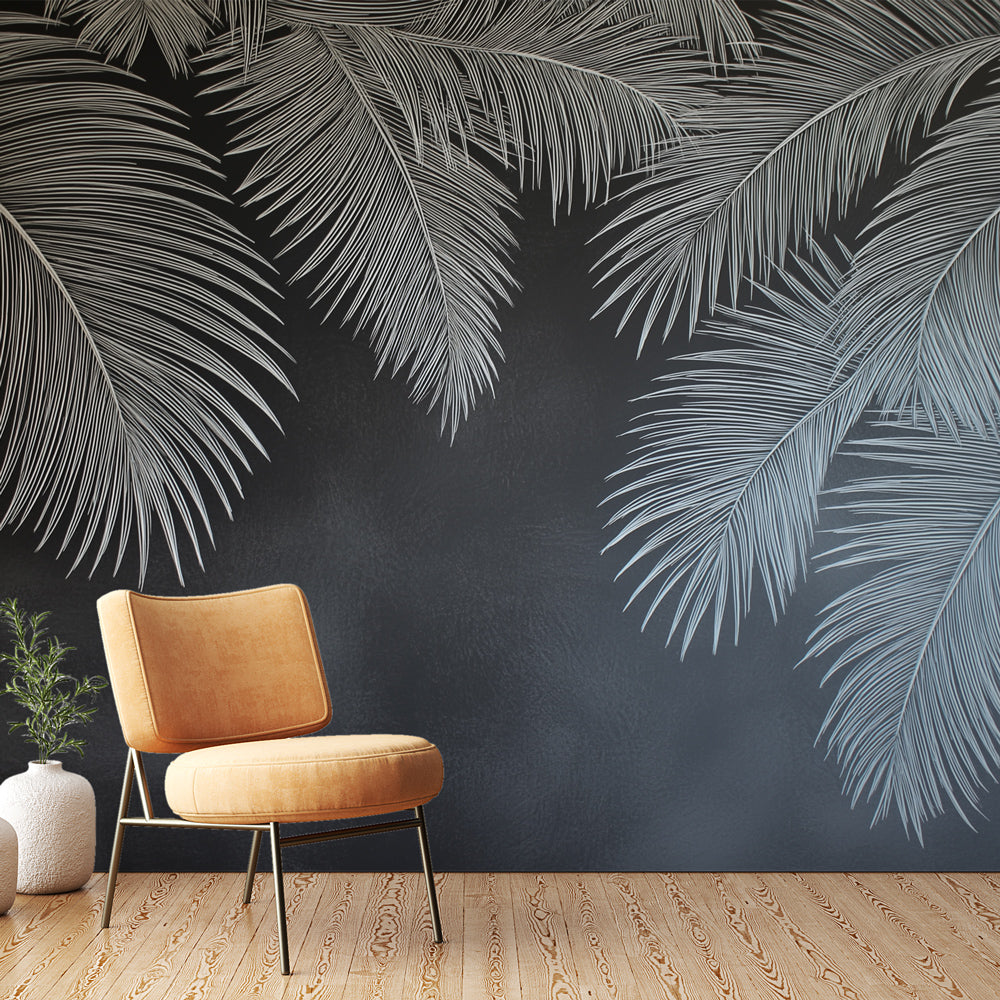 Palm Wallpaper | White Palm Leaves on Deep Black