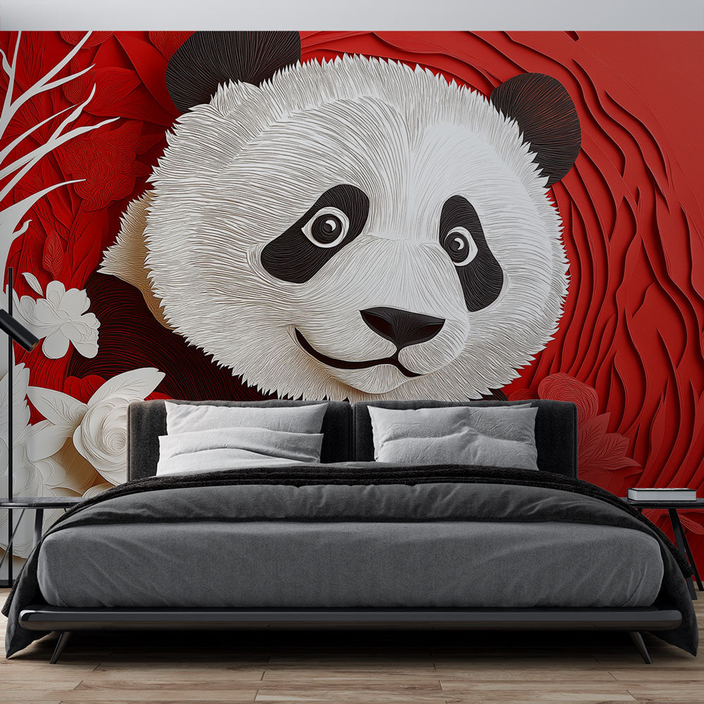 Playful Panda Wallpaper | Relief Blooms Red Wall Mural