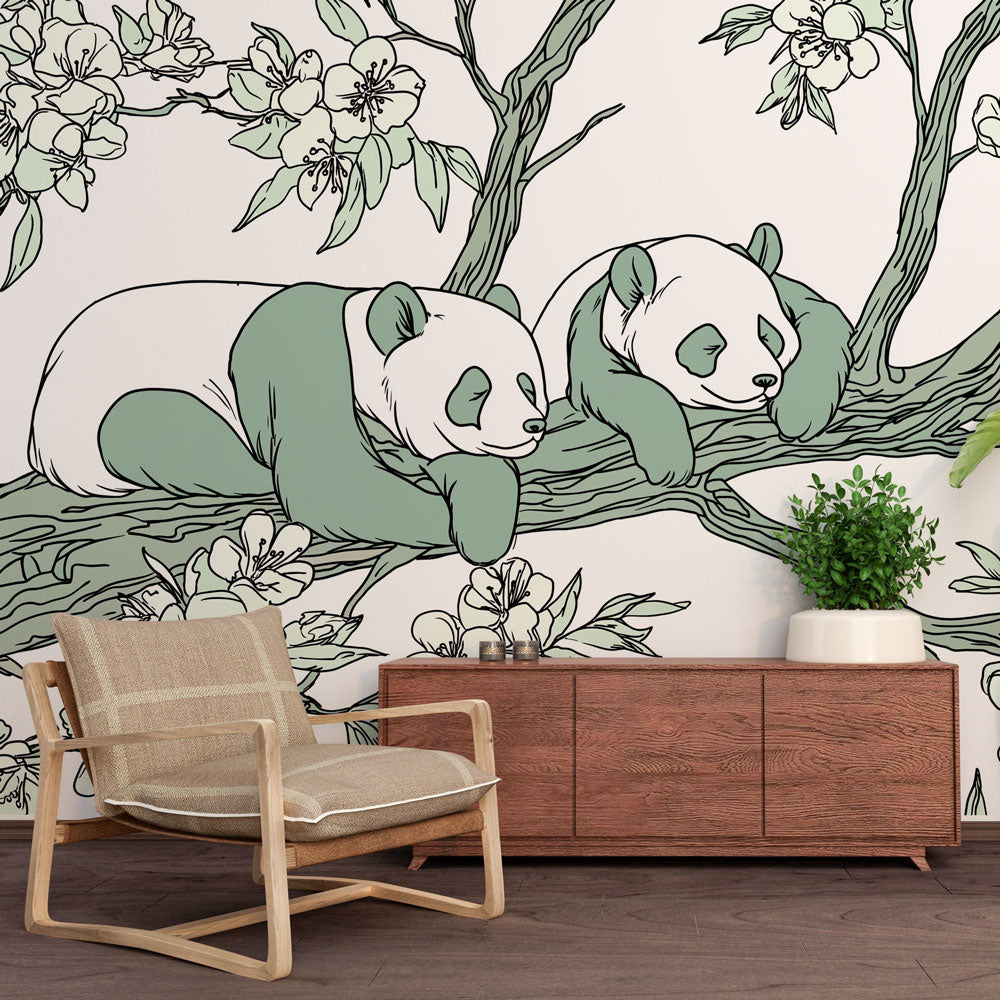 Panda Wallpaper | Two Sleeping Pandas on a Flowering Branch