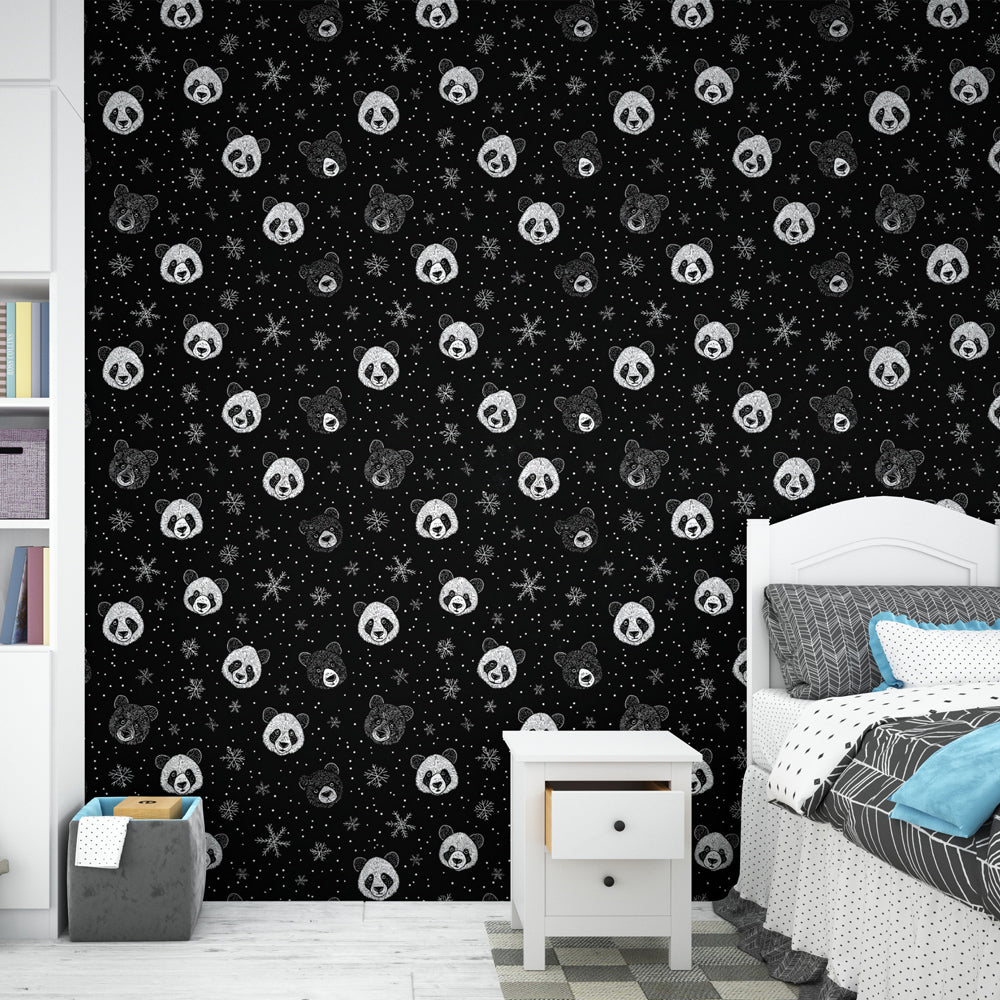 Panda Wallpaper | White Panda Faces on Starry Black Background