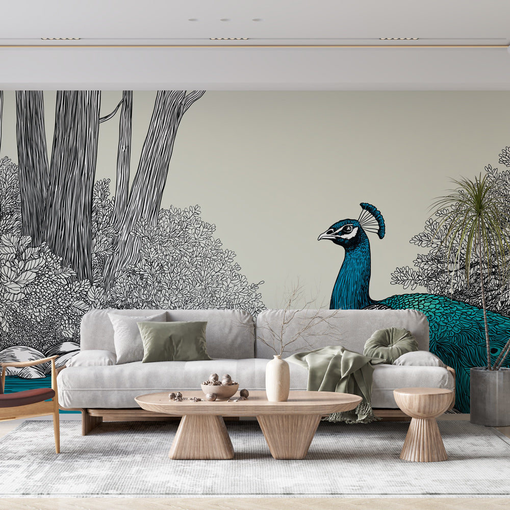 Peacock Wallpaper | Graphic Art with a Bird by the Water