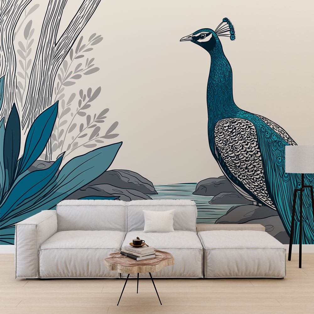 Peacock Wallpaper | Elegant Bird and Waterside Foliage