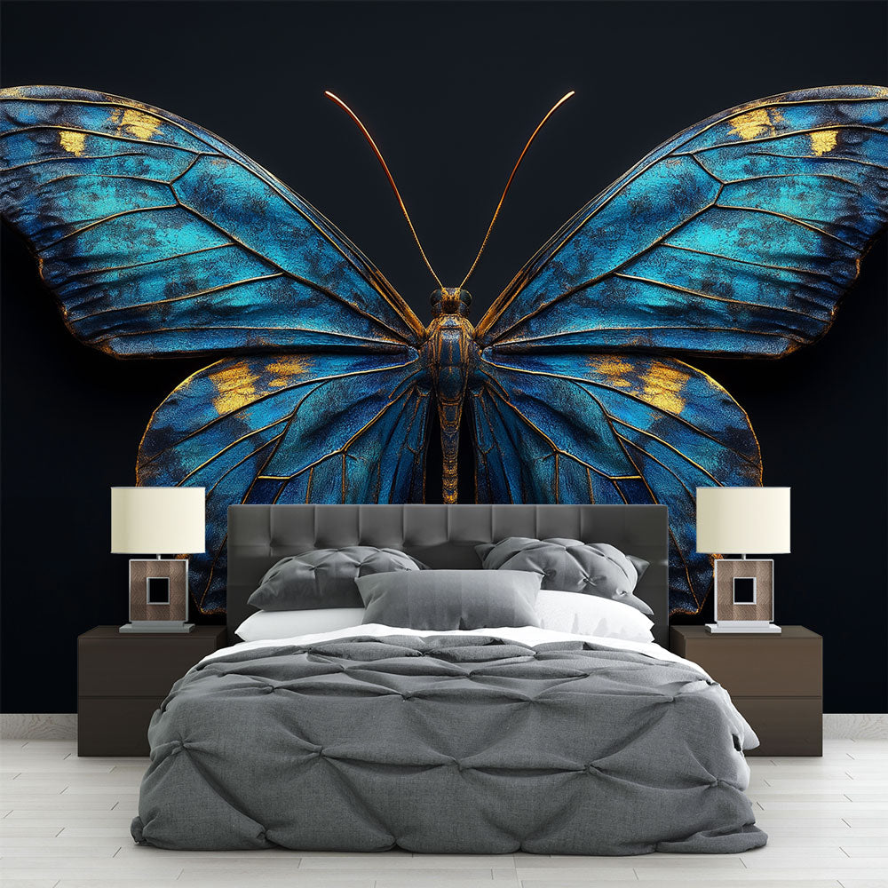 Metal Butterfly Wallpaper | Gold Blue Reflections Design