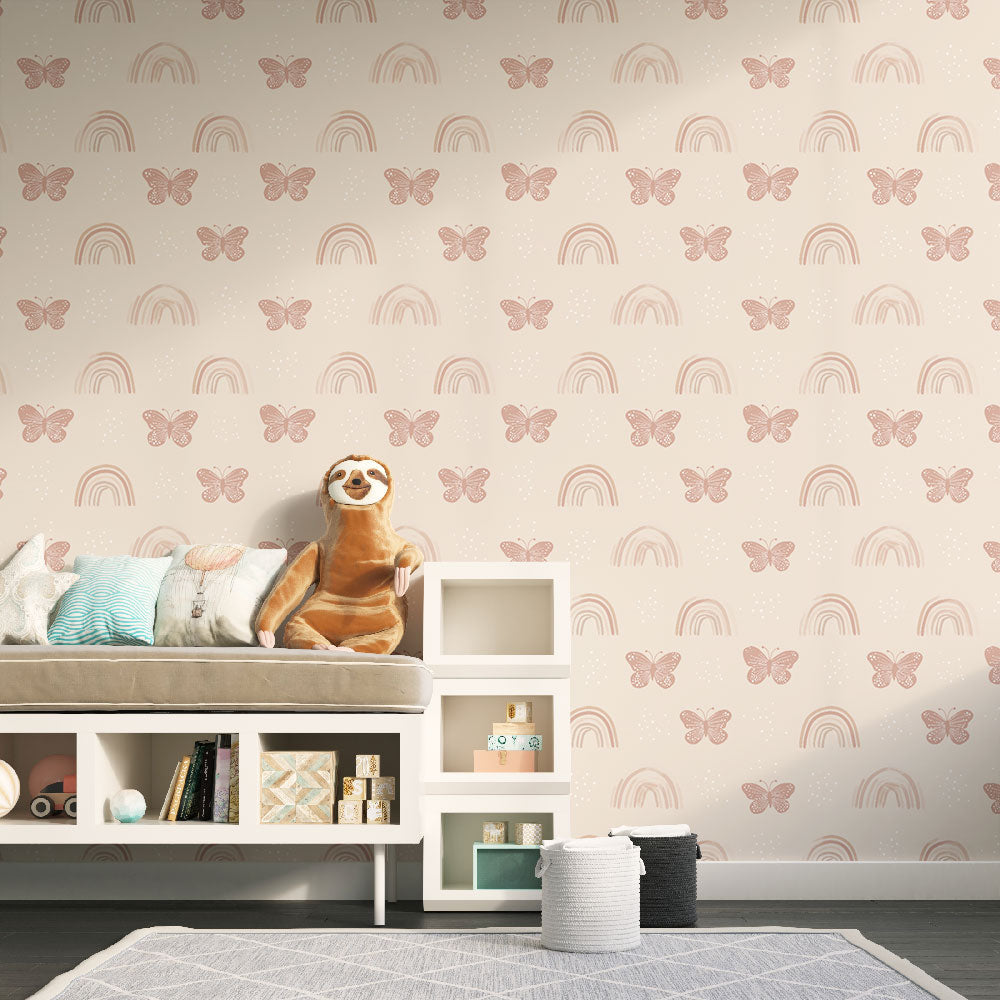 Butterfly Wallpaper | Pale Pink Rainbow Wall Mural