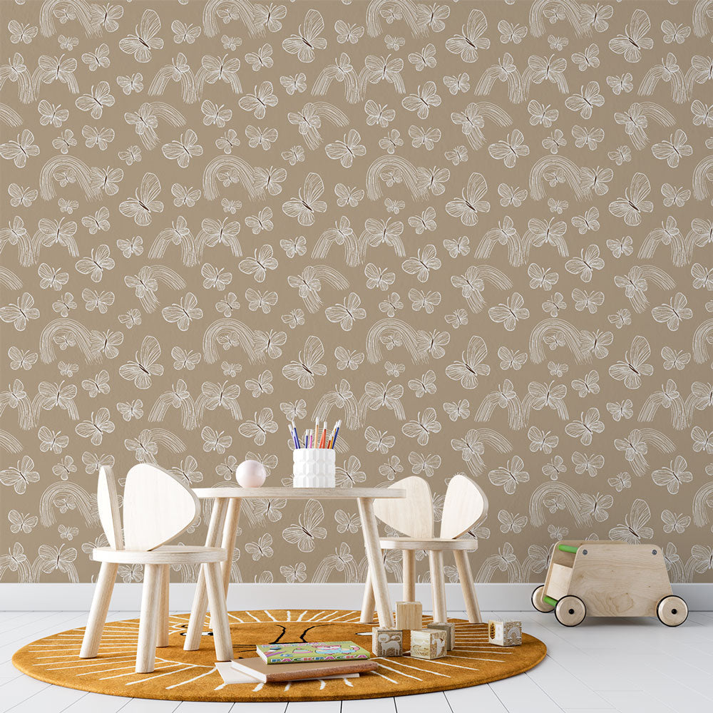 Butterfly Rainbow Wallpaper | Hand-Drawn Motifs on Beige
