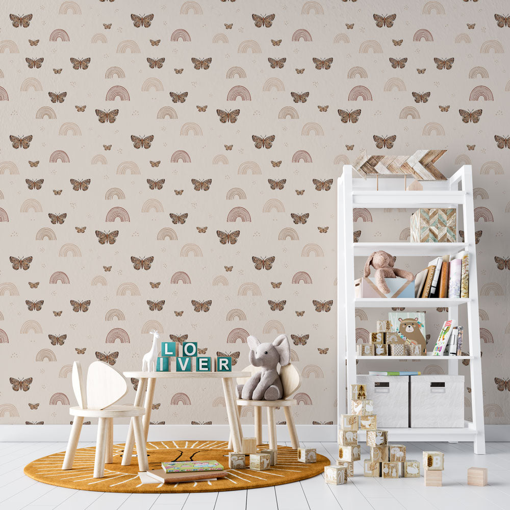 Butterfly and Rainbow Wallpaper | Pastel Motifs on Cream