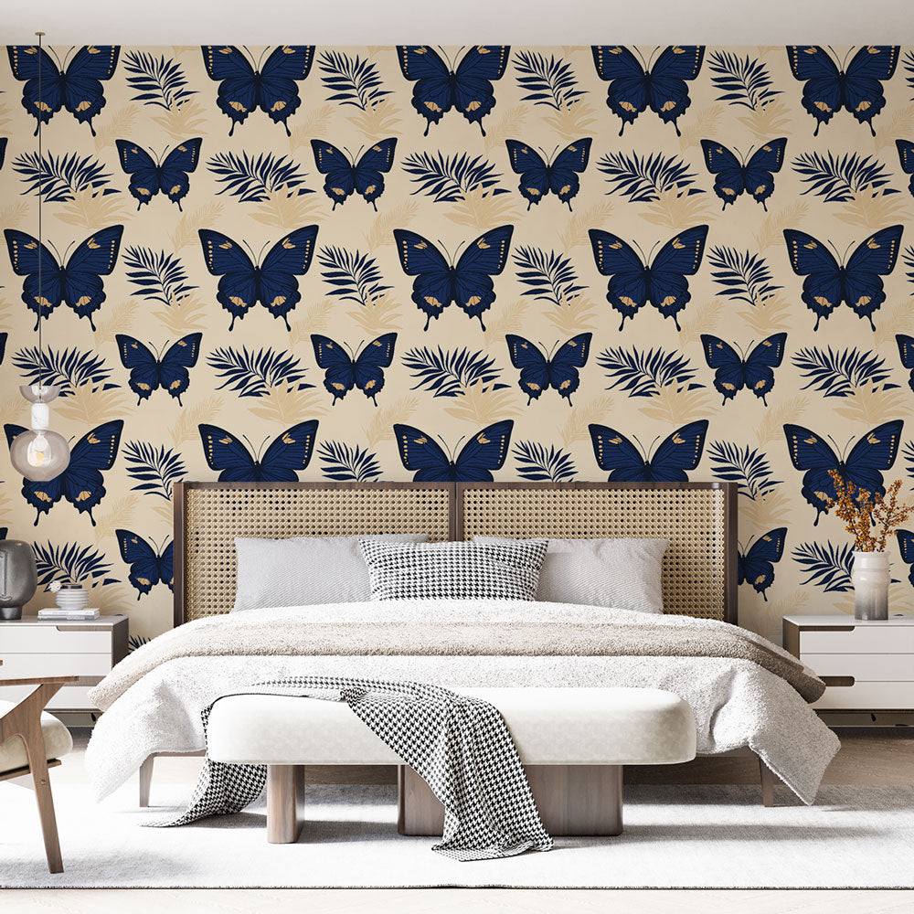 Blue Butterflies and Foliage Wallpaper on Cream