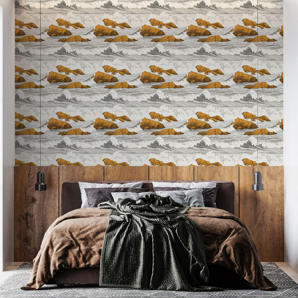 Seascape Wallpaper | Golden Sea Stacks and Gray Waves