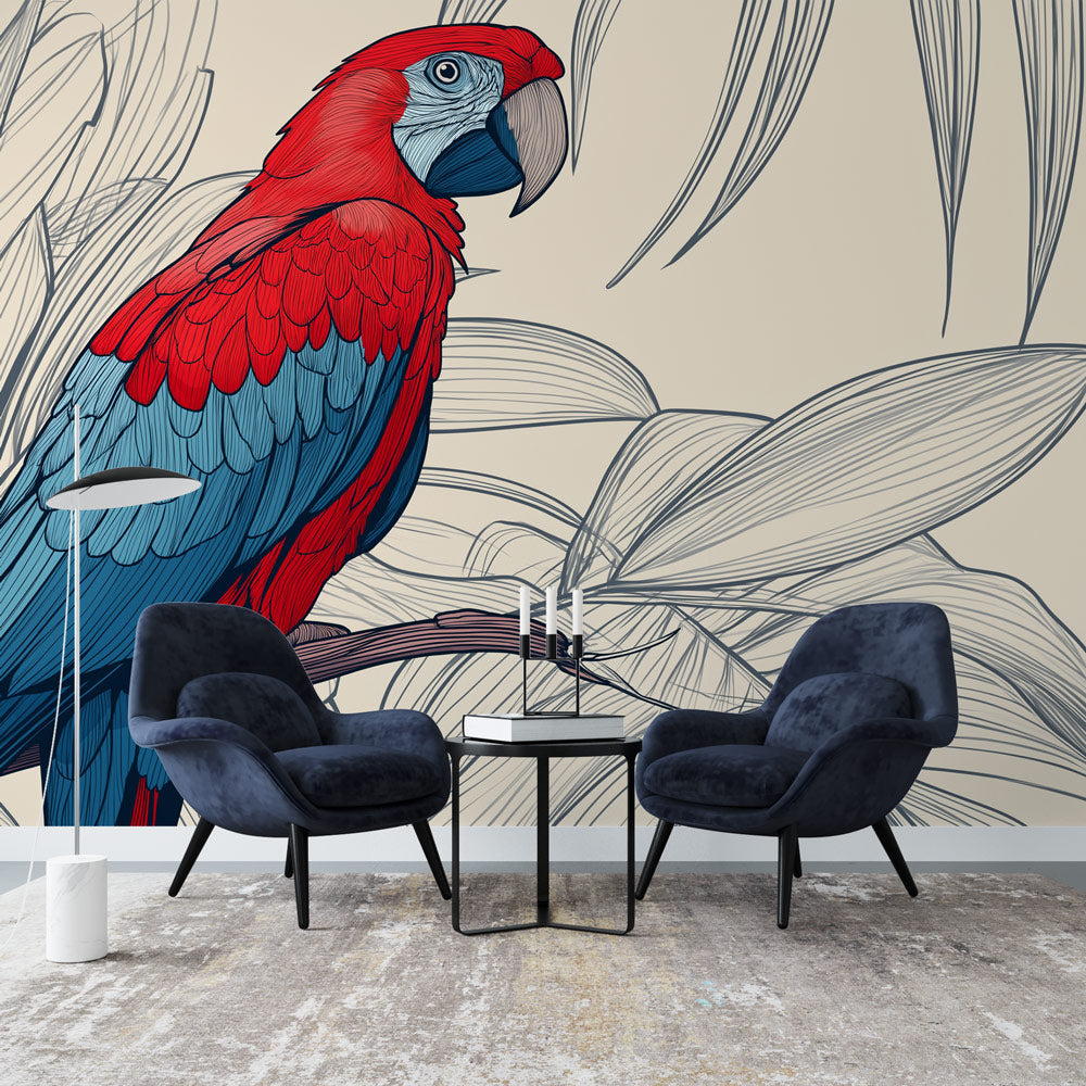 Parrot Wallpaper | Red and Blue Parrot Among Sketched Leaves