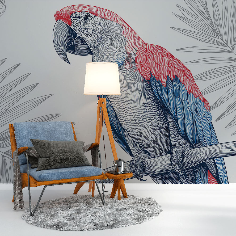 Parrot Wall Mural | Artistic Colorful Parrot on White Ground