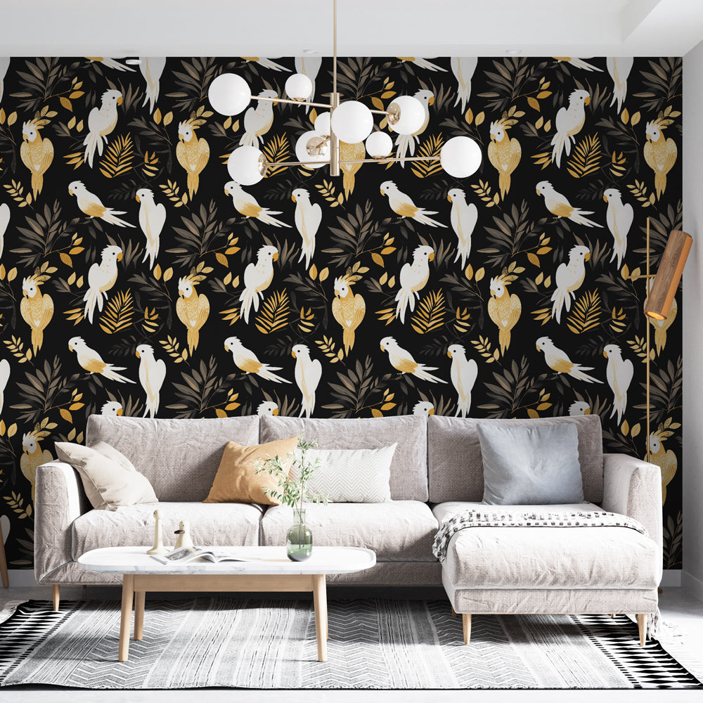 Parrot Wallpaper | Birds and Golden Foliage on Black