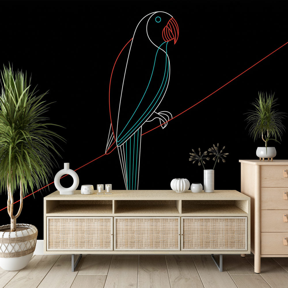 Parrot Wallpaper | Modern Bird Outline in Turquoise and Red