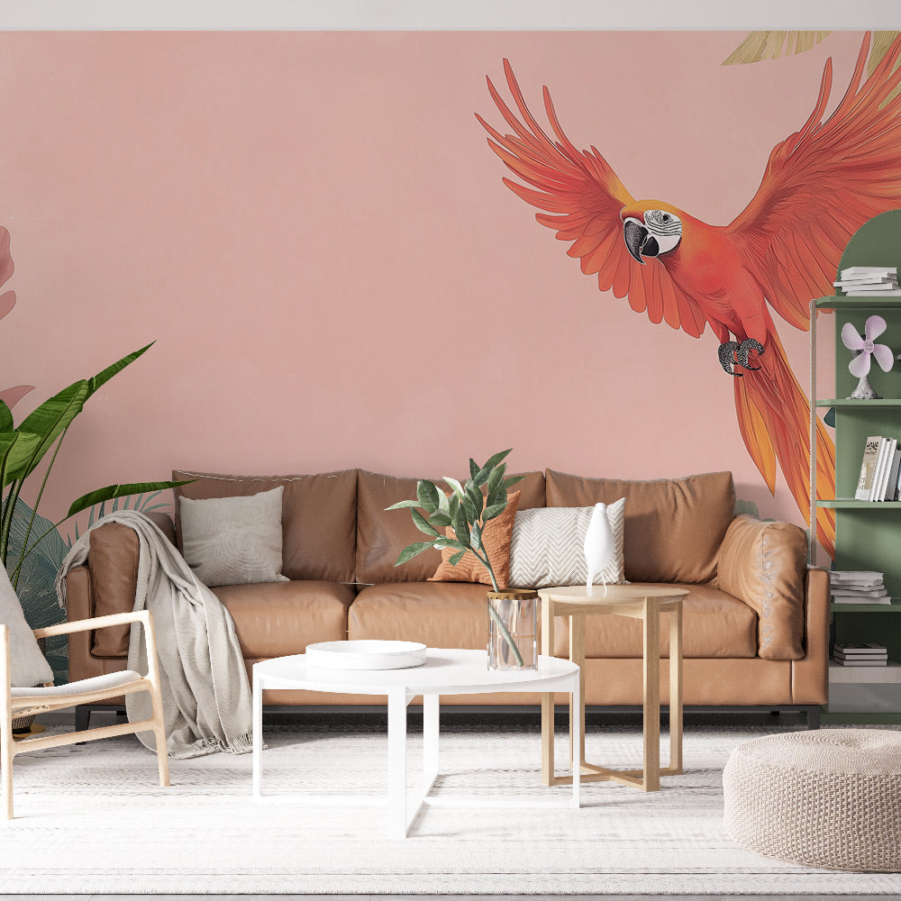 Red Parrot Wallpaper | Flying Wall Mural with Tropical Foliage