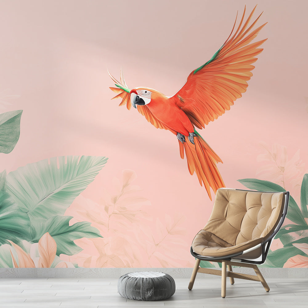 Parrot Wallpaper | Vibrant Wall Mural on Soft Pink Backdrop